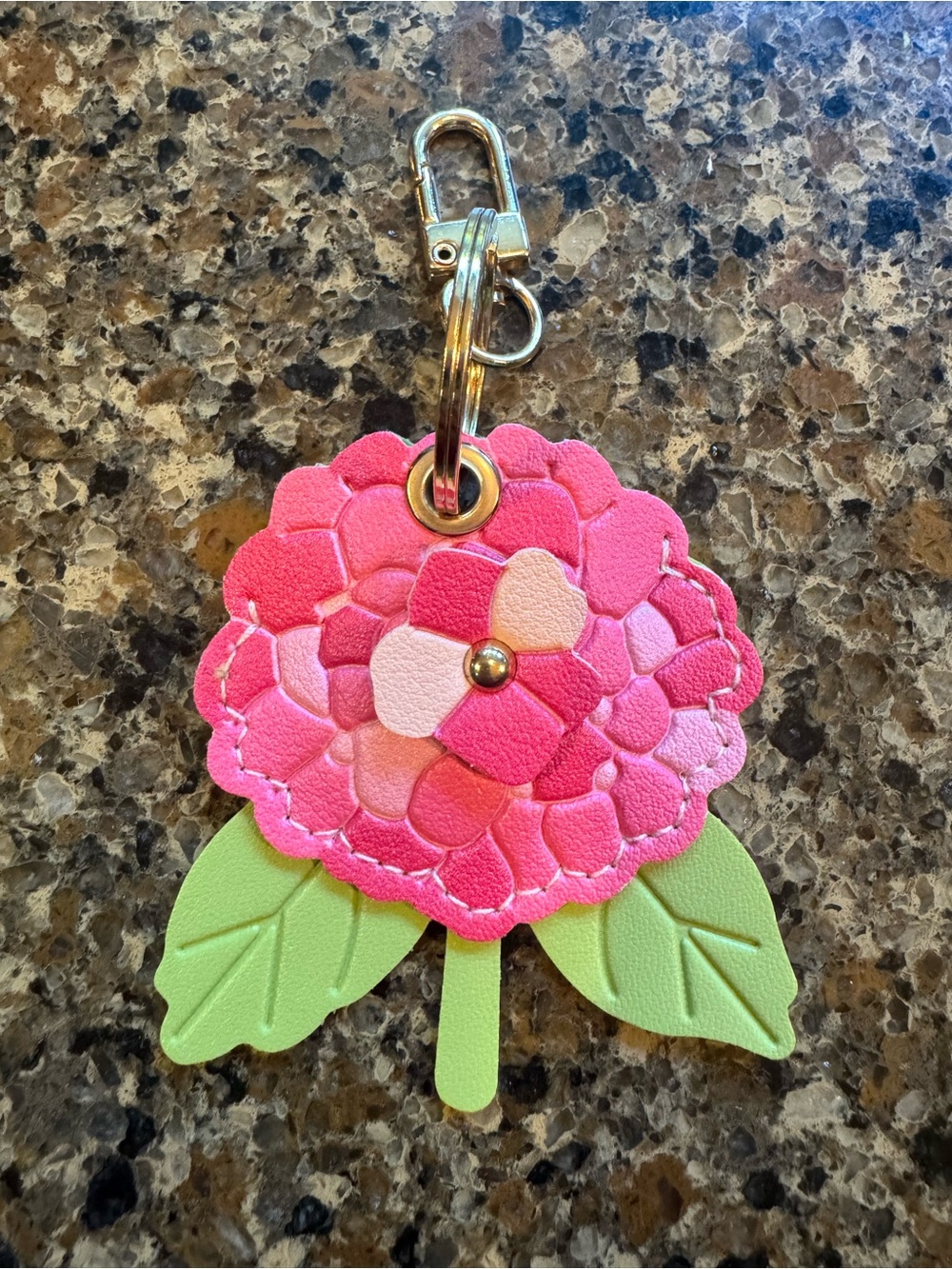 Source Unknown Pink Floral Leather Bag Charm with Green Leaves